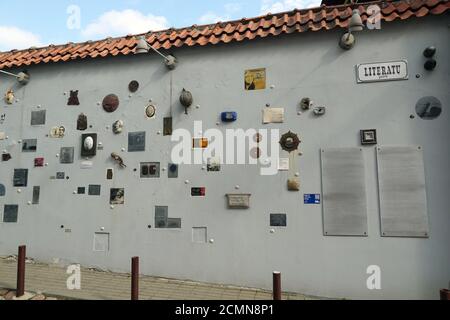 Artworks of famous Lithuanian writers on a wall in the Literatu street in the city center, Vilnius, Lithuania, Europe Stock Photo