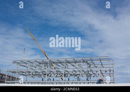 Channel Islands. Guernsey. Admiral Park. Construction site. Steel frame of new commercial building development.