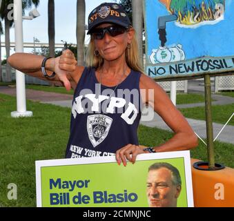 MIAMI, FLORIDA - JUNE 26: Protests outside prior to the first 2020 Democratic presidential debate including New York police officers that are protesting New York Mayor Bill de Blasio. A field of 20 Democratic presidential candidates was split into two groups of 10 for the first debate of the 2020 election, taking place over two nights at Knight Concert Hall of the Adrienne Arsht Center for the Performing Arts of Miami-Dade County on June 26, 2019 in Miami, Florida   People:  Atmosphere Stock Photo