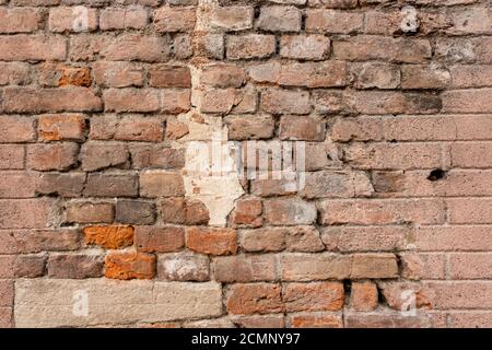 Empty Old Brick Wall Texture. Painted Distressed Wall Surface. Grungy Wide Brickwall. Stock Photo