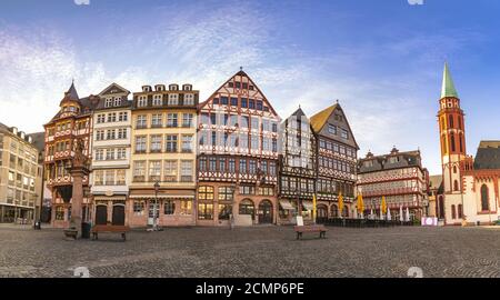 Frankfurt Germany, panorama sunrise city skyline at Romer Town Square Stock Photo