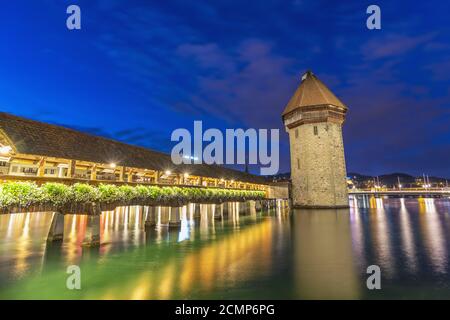 Lucerne (Luzern) Switzerland, Sunset city skyline at Chapel Bridge Stock Photo