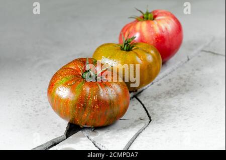 Heirloom tomatoes. Three tomatoes of different colors on a gray concrete table with a crack. Stock Photo