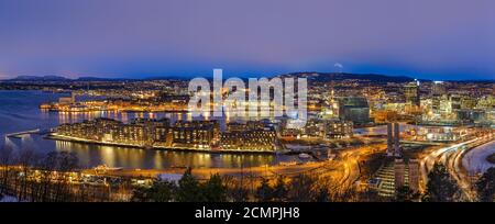 Oslo Norway Scandinavia, night aerial view panorama city skyline at business district and Bercode Pr Stock Photo