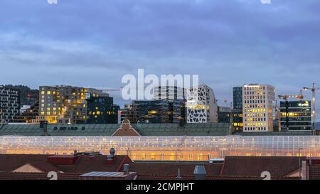 Oslo Norway, night city skyline at business district and Barcode Project Stock Photo