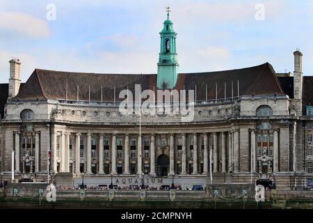 2018, London, UK.  County Hall on the South Bank of the River Thames houses the London Aquarium along with other visitor attractions.  It is very popu Stock Photo