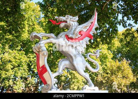 Since the early 17th Century Dragons have guarded the entrance to the City of London.  North bank of the River Thames in London, England Stock Photo