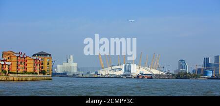 Greenwich, London, 2019.  The O2 centre is situated on the banks of the River Thames, and is a large venue which hosts all major concerts.  It was ori Stock Photo