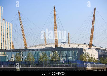 O2 Building, Greenwich, London, 2019.  Close up of the iconic O2 venue, it is on the banks of the River Thames and hosts many large concerts. original Stock Photo