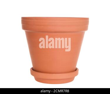 Close up of one empty terra cotta pot, isolated on white. Stock Photo