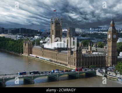 A Stormy Threatening sky over Big Ben and The Houses of Parliamant in Westminster, London Stock Photo