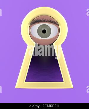 Eye looking through a keyhole violet background 3d illustration Stock Photo