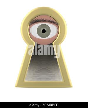 Eye looking through a keyhole isolated 3d illustration Stock Photo