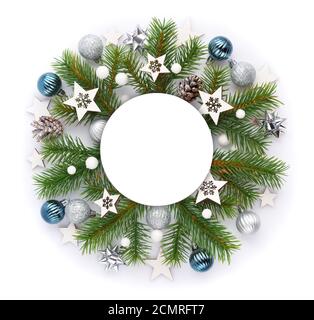 Christmas or new year composition. Round frame, christmas decorations and spruce branches on white background. Holiday and celebration concept for pos Stock Photo