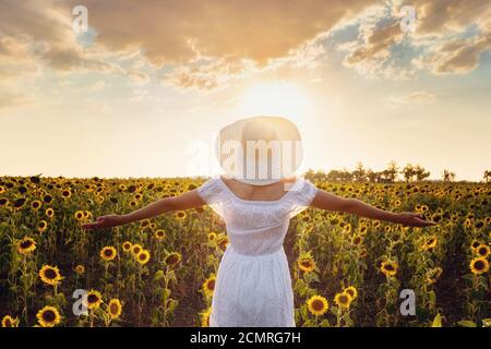 Beautiful young girl enjoying nature on the field of sunflowers. stands and looks at the sunset, the girl raised her hands in the air, beautiful back Stock Photo