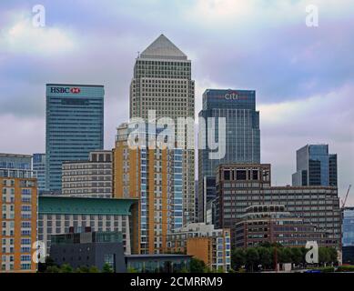 Canary Wharf in London is located on the River Thames, they house the HQ's of many banks. Most office workers are working from home due to Covid 19. Stock Photo