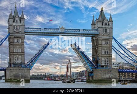 Tower Bridge on the River Thames , Opens to allow a tall ship to pass through, London, UK Stock Photo