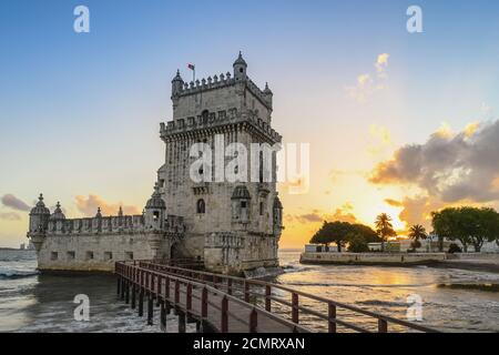 Lisbon Portugal sunset city skyline at Belem Tower and Tagus River Stock Photo