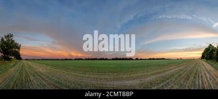 Panoramic view with beautiful evening sky and cirrus clouds over agricultural land during sunset. Landscape of Ukraine, Kyiv region. Stock Photo