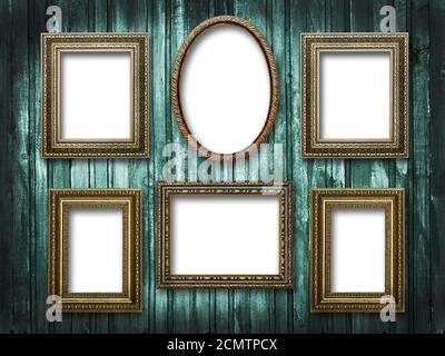 six picture frames on a wooden background grunge Stock Photo