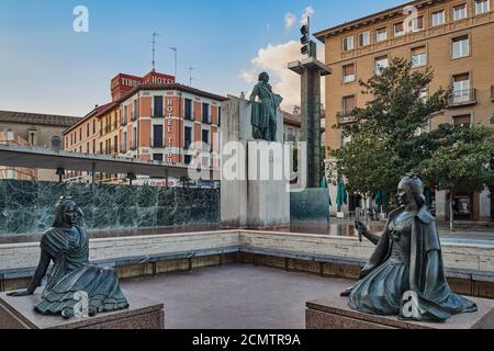 Fountain with the monument to the Spanish painter Francisco de Goya in the Plaza del Pilar with the goyescas in the city of Zaragoza, Aragon, Spain. Stock Photo