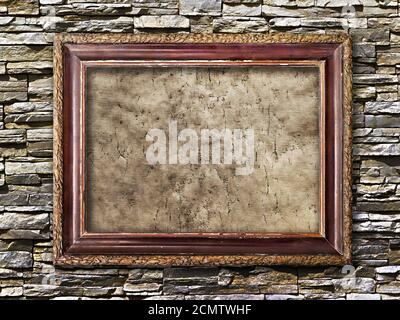 old picture frames with cracked canvas on a brick wall in grunge style Stock Photo