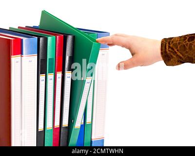 office document folders standing in a row  isolated on white background Stock Photo