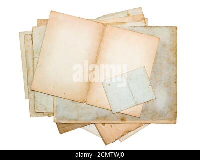 stack of old paper sheets and cards isolated on white background Stock Photo