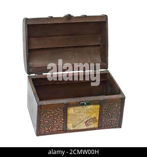 old empty wooden chest isolated on white background Stock Photo