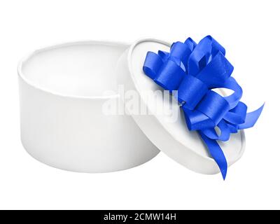 white round empty gift box with blue bow isolated on white background Stock Photo