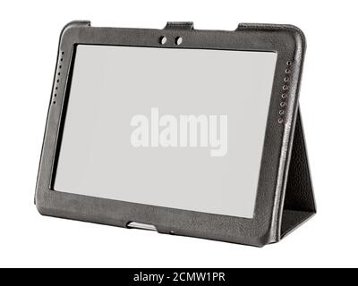 tablet in a leather case isolated on white background Stock Photo