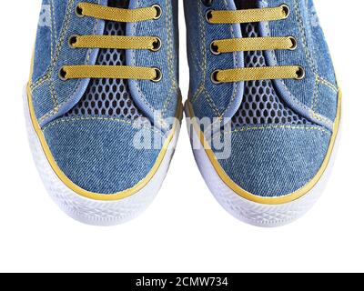 gumshoes of blue fabric isolated on white background Stock Photo