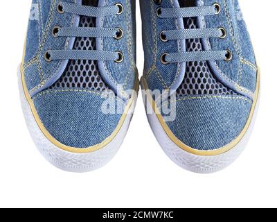 gumshoes of blue fabric isolated on white background Stock Photo