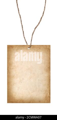 old cardboard card hanging on a rope isolated on white background Stock Photo