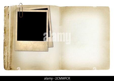 old revealed notebook with old photo isolated on white background Stock Photo