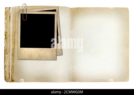 old revealed notebook with old photo isolated on white background Stock Photo