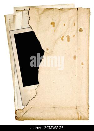 stack of old papers and old photo in a torn envelope isolated on white background Stock Photo