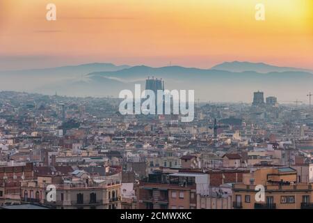 Barcelona Spain, aerial view sunrise city skyline at city center Stock Photo