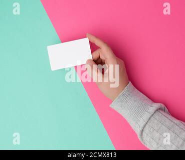 female hand holding empty white paper business Stock Photo