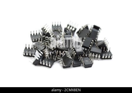 Group of electronic microchip isolated on a white background. Electronic components close-up, selective focus Stock Photo