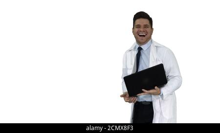 Entrepreneur engineer or doctor with a laptop laughing on white background. Stock Photo