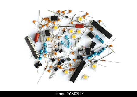 Group of various electronic components on white background. Close-up, top view Stock Photo