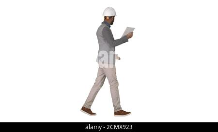The hipster engineer making video call with tablet showing result of his work on white background. Stock Photo