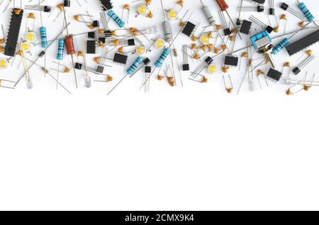 Set of various electronic components on white background with copy space. Close-up, top view Stock Photo