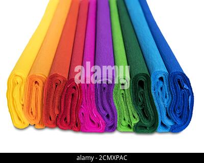 rolls of colored corrugated paper closeup isolated on white background Stock Photo