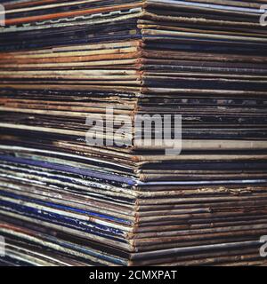 stack of vinyl records in envelopes Stock Photo