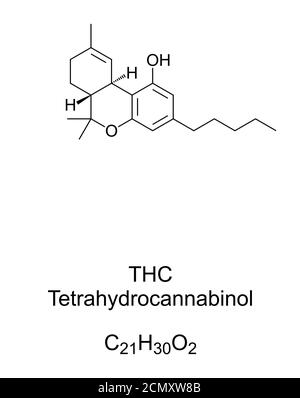 THC, tetrahydrocannabinol, chemical structure. Dronabinol, isomer of THC and principal and most active psychoactive constituent found in cannabis. Stock Photo