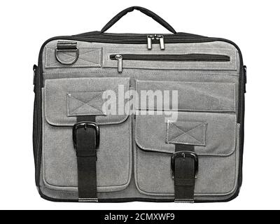 Laptop bag of grey fabric on a white background Stock Photo