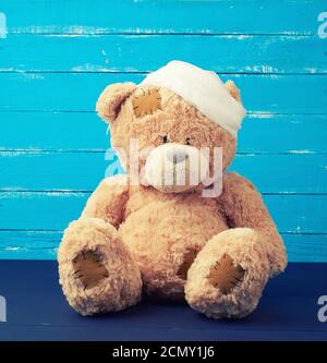 sad brown bear sits with bandaged white medical bandage head Stock Photo