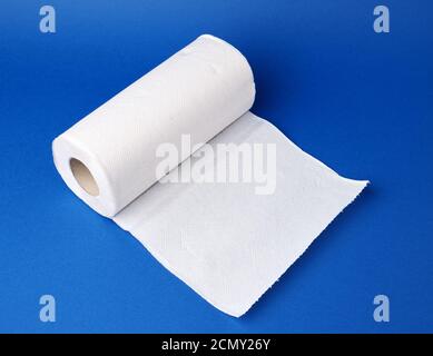 twisted roll of white paper towel on a blue background. Paper sheet Stock Photo